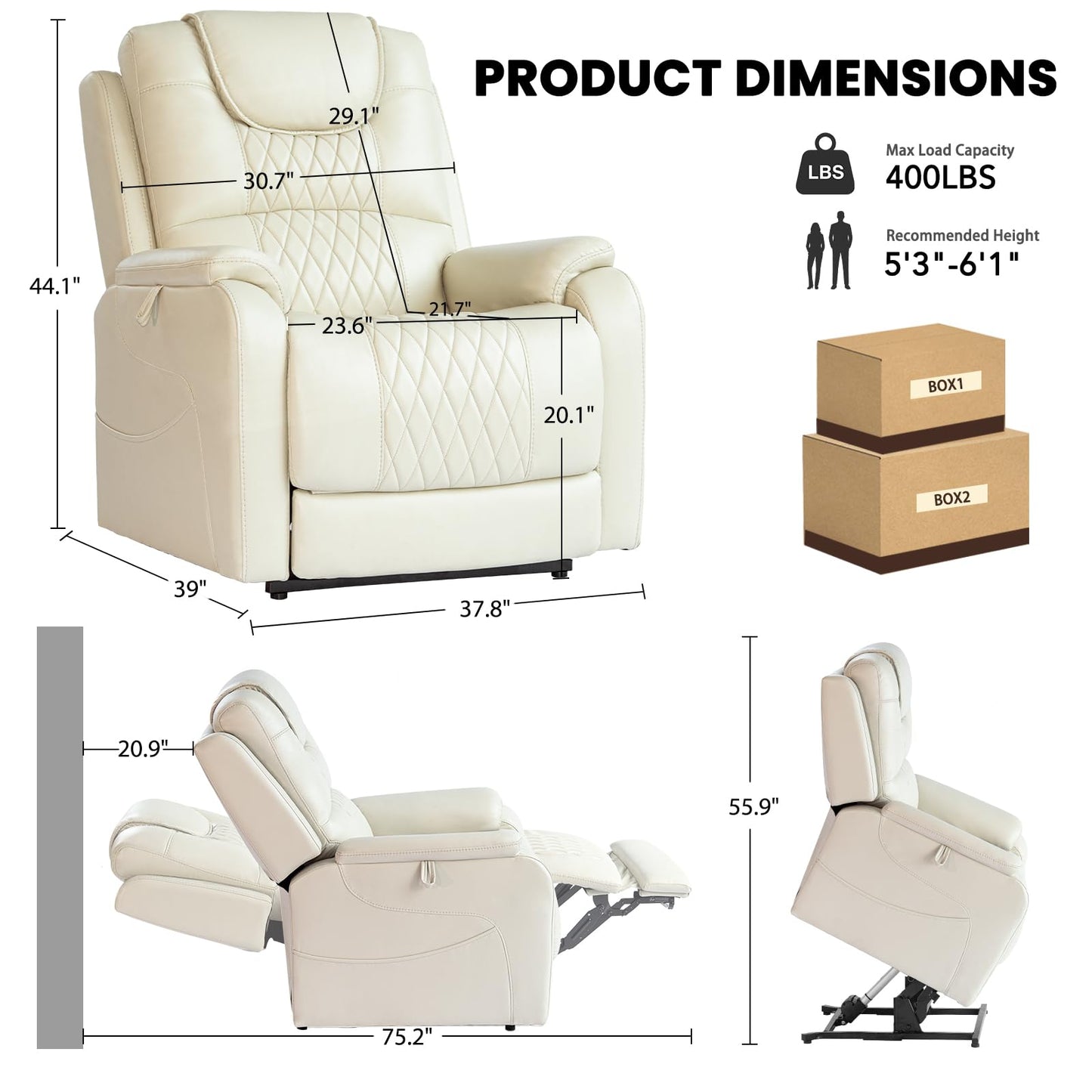 EONIX Triple Motor Lay Flat Power Lift Recliner Chair for Elderly with Massage, 400lbs Electirc Lift Chair for Living Room, Independent Adjustable Backrest Headrest, Extended Footrest, Cream White