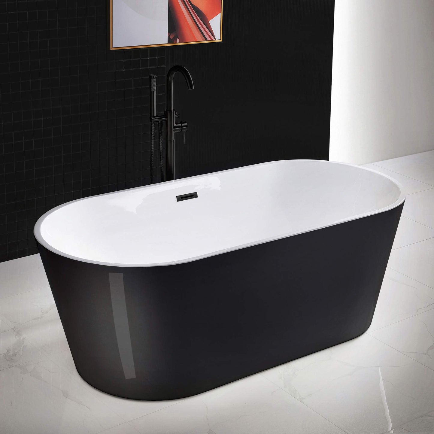 WOODBRIDGE 67" Freestanding Acylic Soaking Bathtub with White, Drain and Overflow in Matte, BTA1813-MB-Drain &O, Matte Black