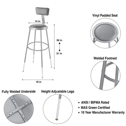 OEF Furnishings OEF6430HB/2 Premium Commercial-Grade All-Purpose Round Stool with Backrest (Height-Adjustable, 30–38 inch Range, Gray Frame, Vinyl Padded Seat, 2-Pack)