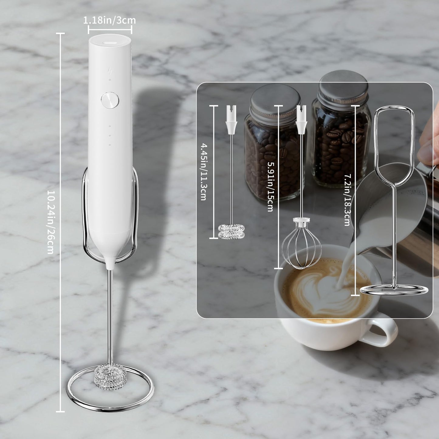 Milk Frother Handheld Rechargeable, Hand Frother with Stand, Drink Mixer Frother Wand Electric Whisk Stirrer for Coffee, Latte, Matcha, Cappuccino, Hot Chocolate, Kitchen Gifts - White