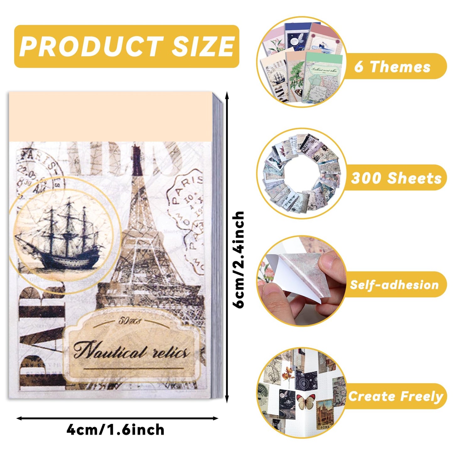 EggSun 300Pcs Washi Sticker Book Set Aesthetic Scrapbook Paper for Story Journaling, 6 Theme DIY Decorative Paper Sticker Kit for Junk Journal Art Scrapbooking Diary Card Craft Gift Notebook Making