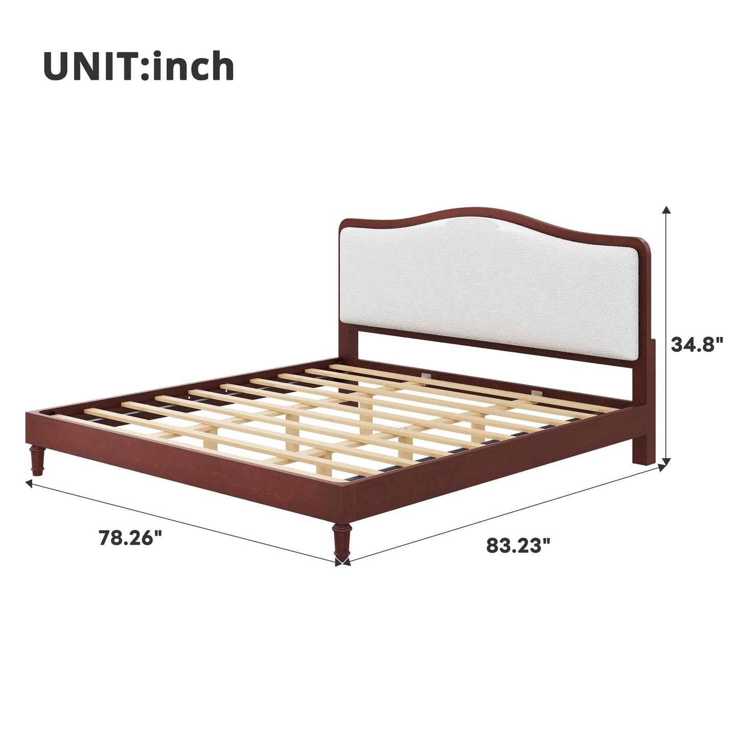 Merax King Size Upholstered Platform Bed Frame with Curved Headboard, Espresso Wood Frame & White Fabric, Noise-Free, Strong Slat Support, No Box Spring Needed, Easy Assembly