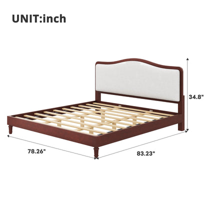 Merax King Size Upholstered Platform Bed Frame with Curved Headboard, Espresso Wood Frame & White Fabric, Noise-Free, Strong Slat Support, No Box Spring Needed, Easy Assembly