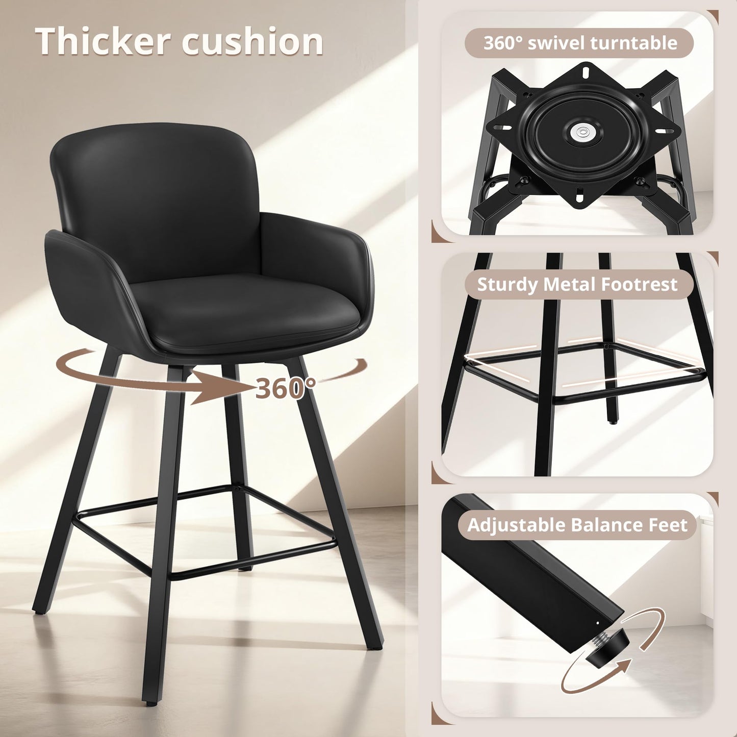 LUE BONA 26" Swivel Bar Stools Set of 4, Counter Height Bar Stools with Backrest and Arms, Modern Upholstered Barstools with Metal Legs for Kitchen Island, Black