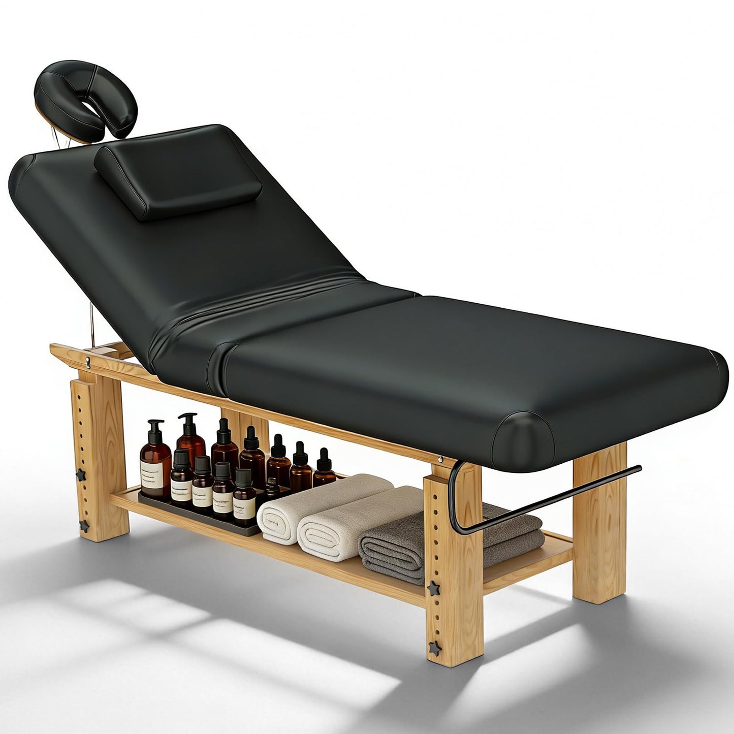 Heavy Duty Massage Table, Wooden Stationary Spa Bed with Adjustable Height & Backrest, PU Leather Professional Physical Therapy Facial Table with Face Pillow, Storage Shelf,1500 LBS Capacity