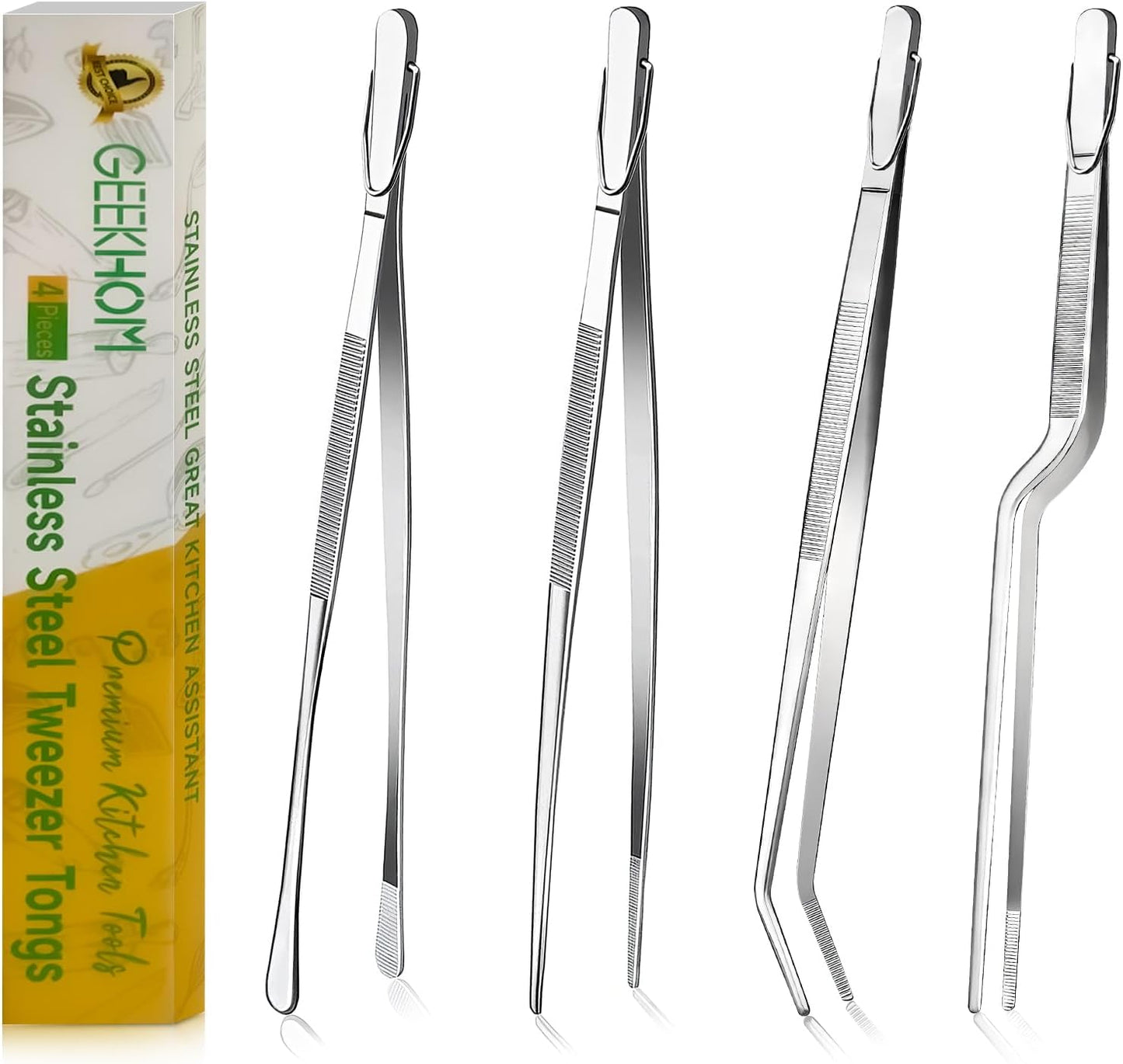 GEEKHOM Tweezer Tongs for Cooking, [4 Pack] 12-inch Fine Long Food Tongs, Stainless Steel Kitchen Tweezers for BBQ