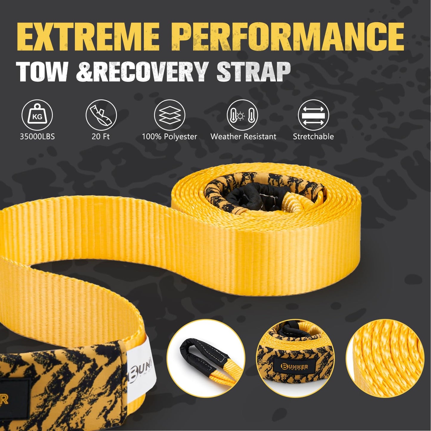 BUNKER INDUST Offroad Traction Boards with Jack Base + 3" x 20ft Tree Saver Winch Strap 35,000 lbs Recovery Straps
