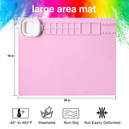 AWOKE Silicone Painting Mat | 20"x16" No-Spill Art Matt for Resin DIY, Beading, with Magnetic Water Cup, 12 Paint Wells & Palettes | Washable Table Protector for Toddlers & Kids Gift (Pink)