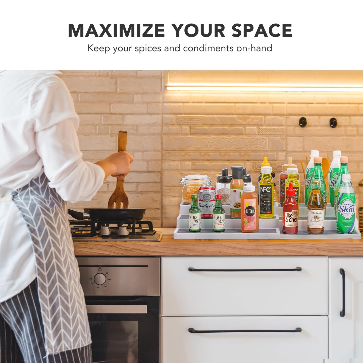 CiWiVOKi 3 Tier Expandable Spice Rack Organizer, White/Grey Plastic Spice Rack, Adjustable Length 14.6In-25.8In, 2 Pack Non-Skid Tiered Spice Shelf Organizer for Kitchen Cabinet, Cupboard, Pantry
