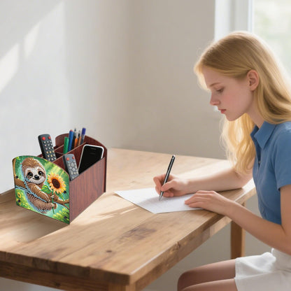 AiYuanzsh Diamond Painting Wooden Desk Organizer, Sloth with Sunflower Design DIY Diamond Art Storage Box for Tabletop Decoration, Crystal Rhinestones Art Desktop Ornament Kit for Adults