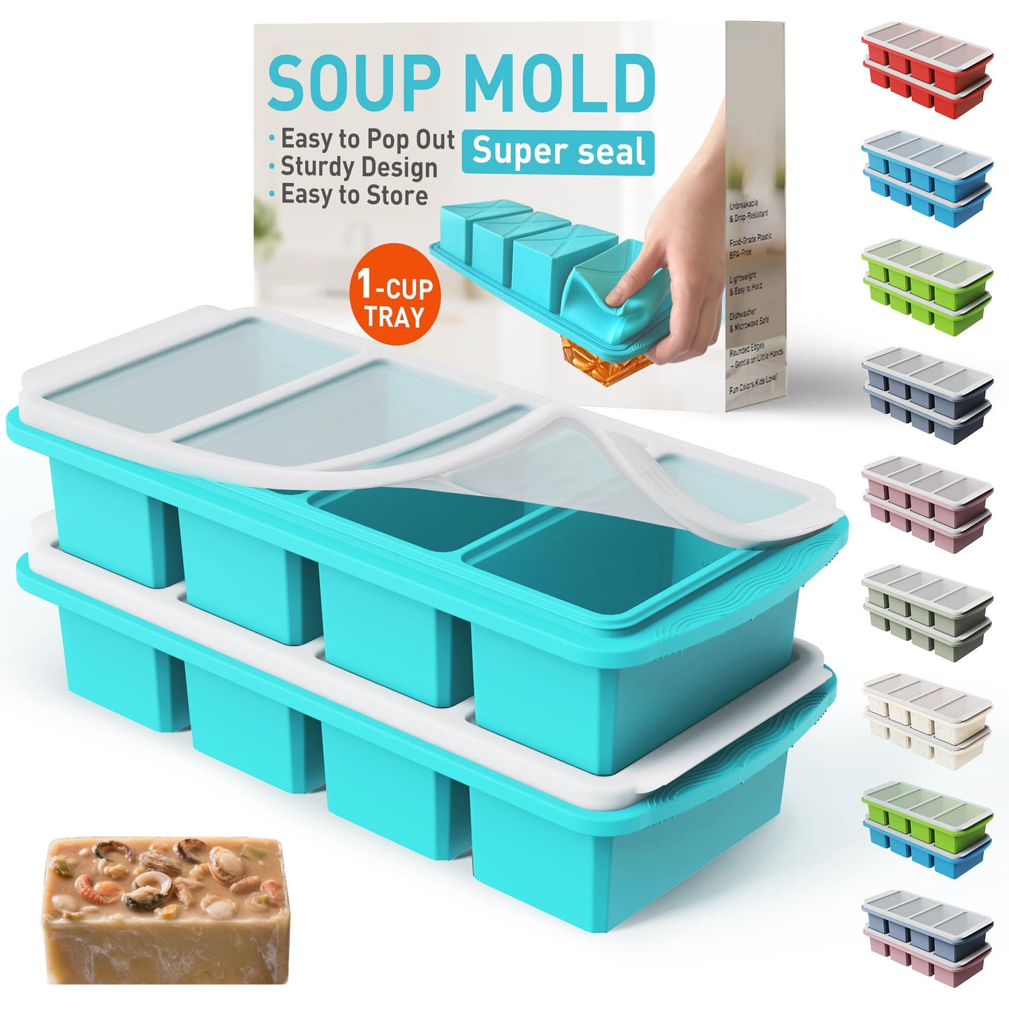 Silicone Freezer Tray With Lid Soup Freezer Container Molds with Steel Reinforced Rim Ice Cube Freezer Molds for Soup, Sauce, Leftovers, Homemade Meal Prep Containers Portion Control Food Storage