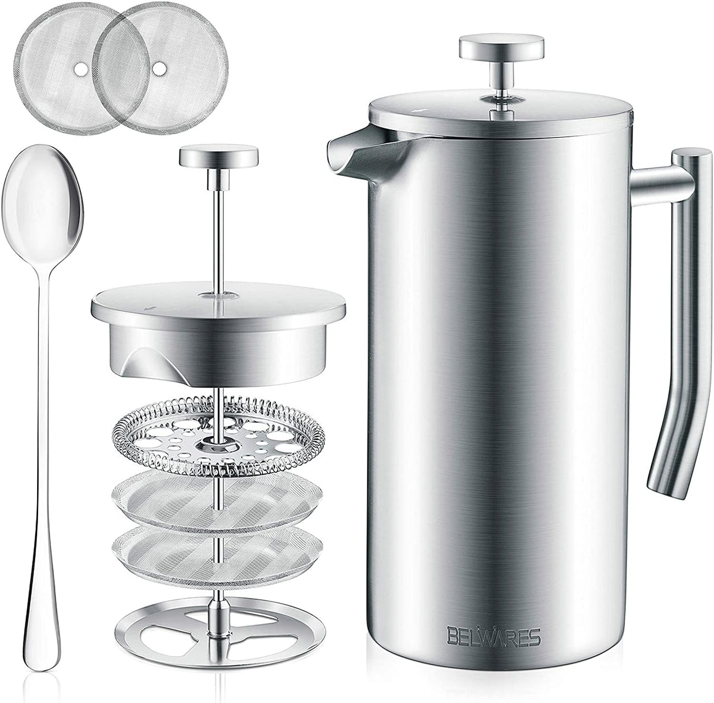 Belwares 34 oz French Press Coffee Maker, Double Insulated Stainless Steel with 2 Extra Screens and Coffee Spoon