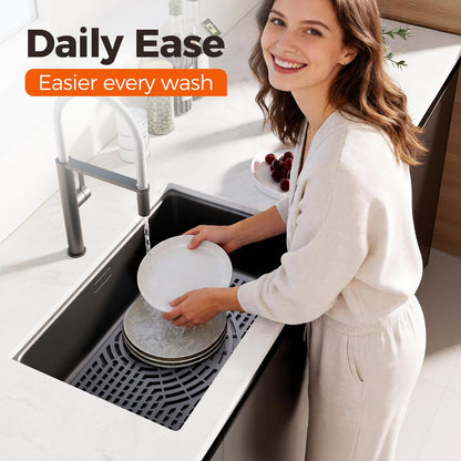 Snuggery Silicone Sink Protector 30"x16" Rear Drain Hole, Heat Resistant Non-slip Dishwasher Suitable, Large Sink Mat for Bottom of Farmhouse Kitchen Stainless Steel Sinks