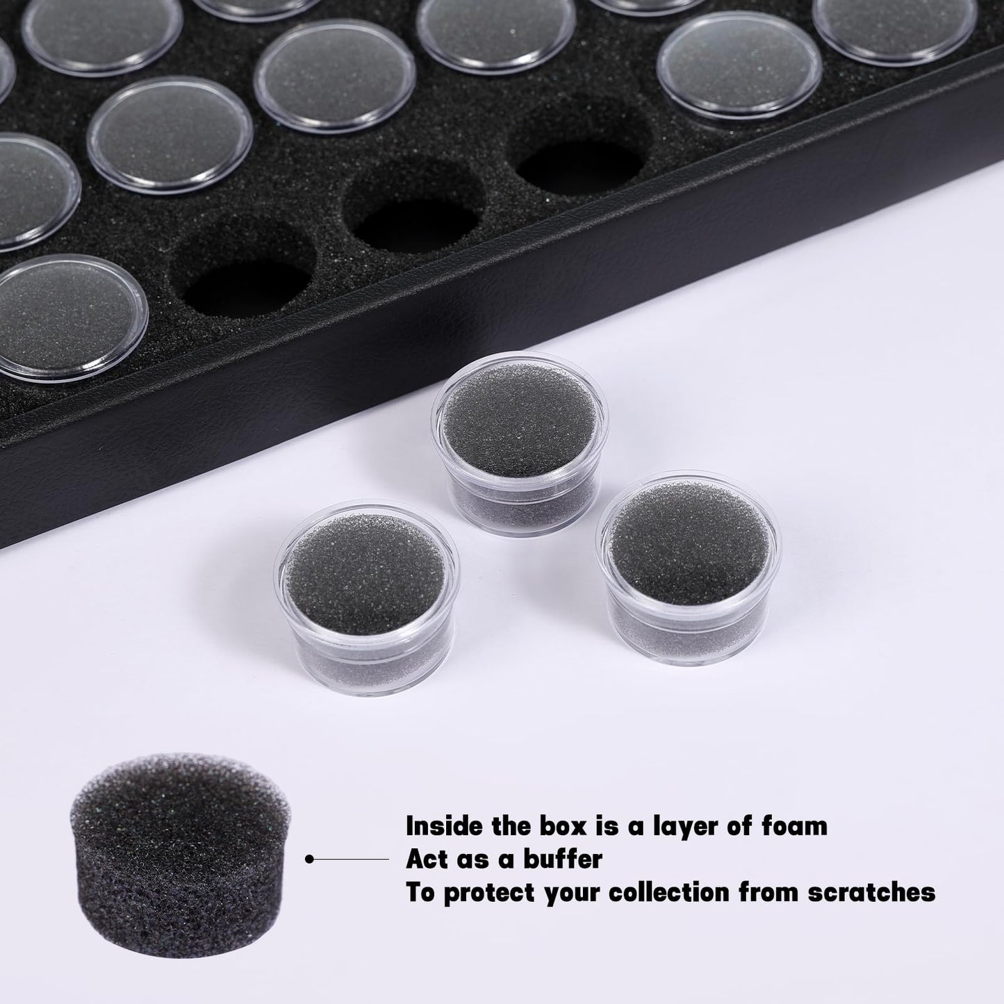 JasperKino 50 Gem Display Case Diamond Gemstone Storage Box, Small Round Plastic Containers Box Jewelry Organizer Container with Foam, Black Foam Gem Jars Showcase with 50 Gemstones Storage Jar