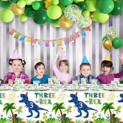 AIBIIN 194pcs Three Rex Birthday Decorations for Boy 3rd Birthday Party Plates, Cup, Napkin, Tablecloth, Tableware, Dinosaur 3 year old Birthday Party Supplies Plates Serve 24 Guests