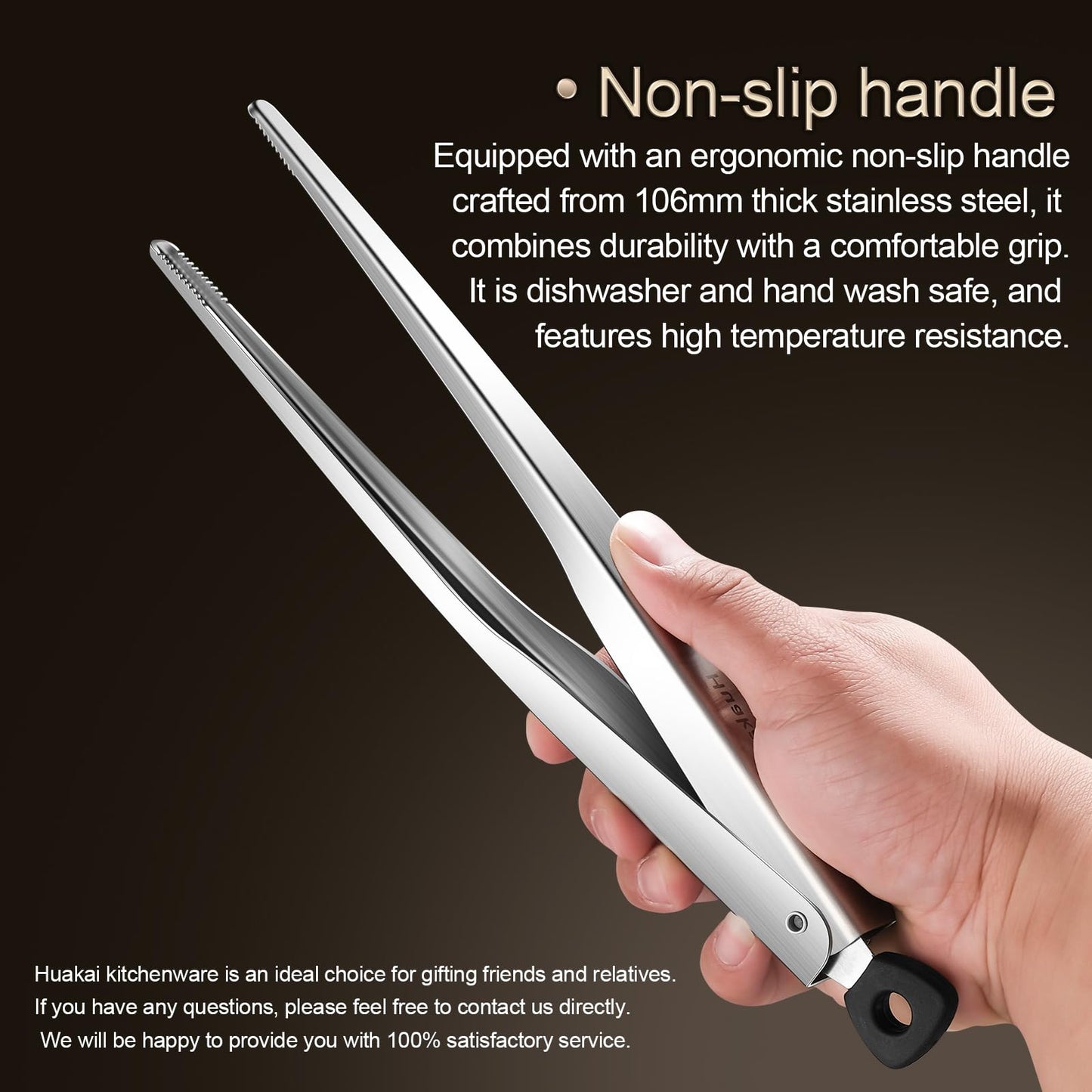 Huakai Locking Stainless Steel Kitchen Tongs, 12-inch Grill Tongs,Heat-Resistant up to 600°C, Precision Serrated Tip Design,Easily Grab and Flip Toss Steaks, Bread, Pizza, Salads, and Grilled Foods