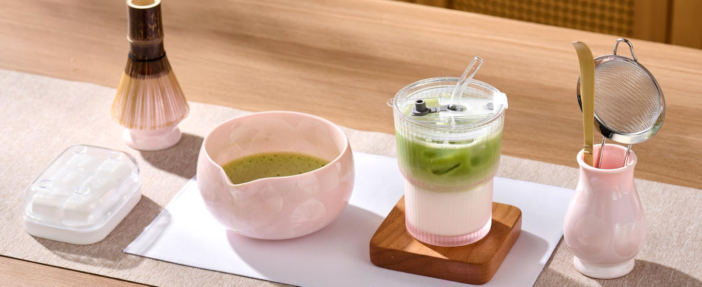 ComboJoy Matcha Whisk Set – Crystalline Glaze Bowl, Bamboo Whisk & Holder, Scoop & Sifter with Holder, Cup with Lid & Straw, Ice Cube Tray & Tea Towel – Pink Matcha Gift Set for Women, Women Gifts