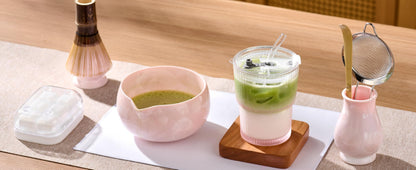 ComboJoy Matcha Whisk Set – Crystalline Glaze Bowl, Bamboo Whisk & Holder, Scoop & Sifter with Holder, Cup with Lid & Straw, Ice Cube Tray & Tea Towel – Pink Matcha Gift Set for Women, Women Gifts