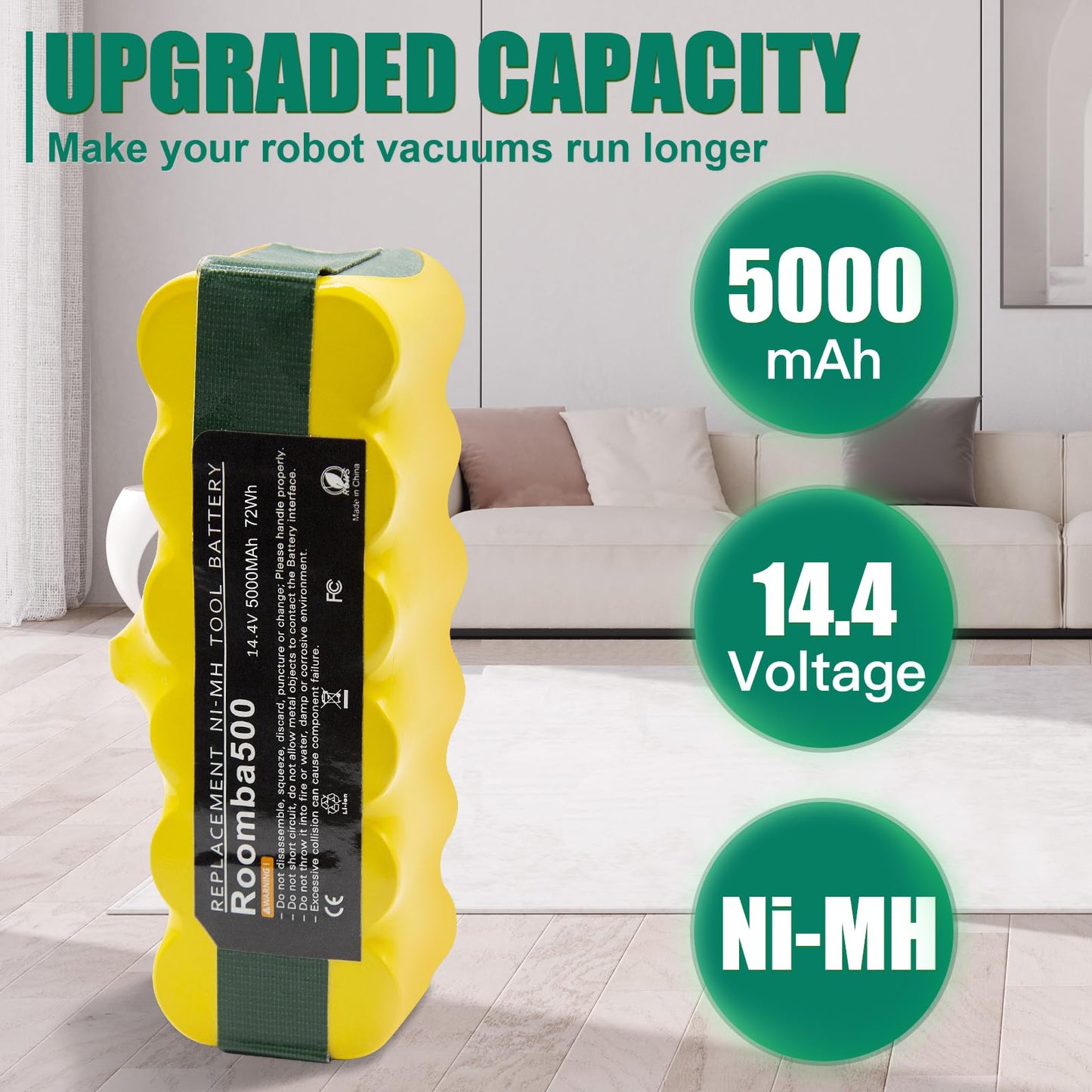 BATTOOL 5.0Ah 14.4V Ni-Mh Battery Compatible with iRobot Roomba Battery Replacement R3 500 600 700 800 900 Series 510 530 535 540 550 552 560 570 580 595 620 650 655 660 675 690 760 770 780 790 870