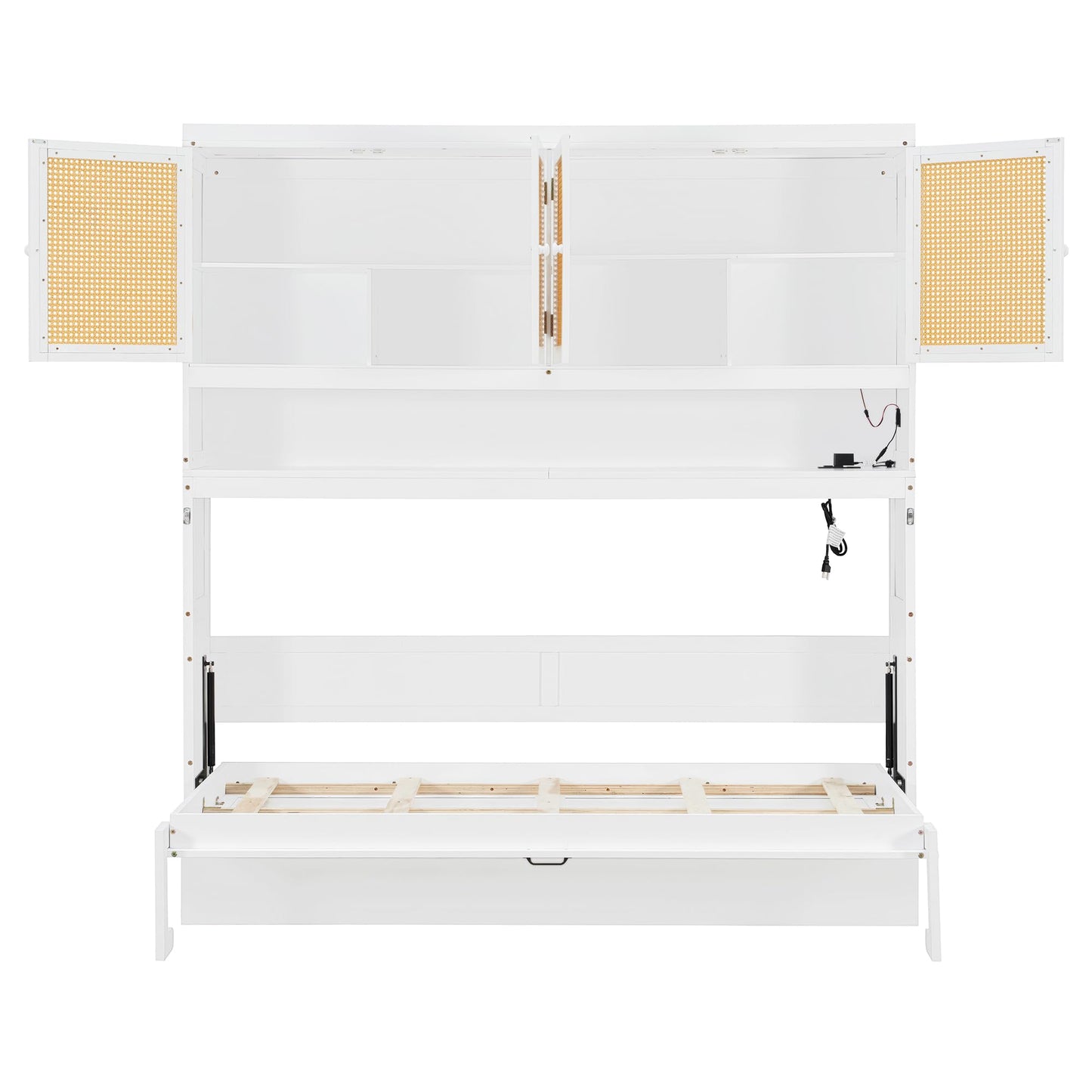 DNYN Murphy Bed Frame with Top Cabinet and LED for Bedroom/Guest/Study Room, Twin Size Wooden Foldable Wall Bed with USB Ports, Space-Saving Design & No Box Spring Needed