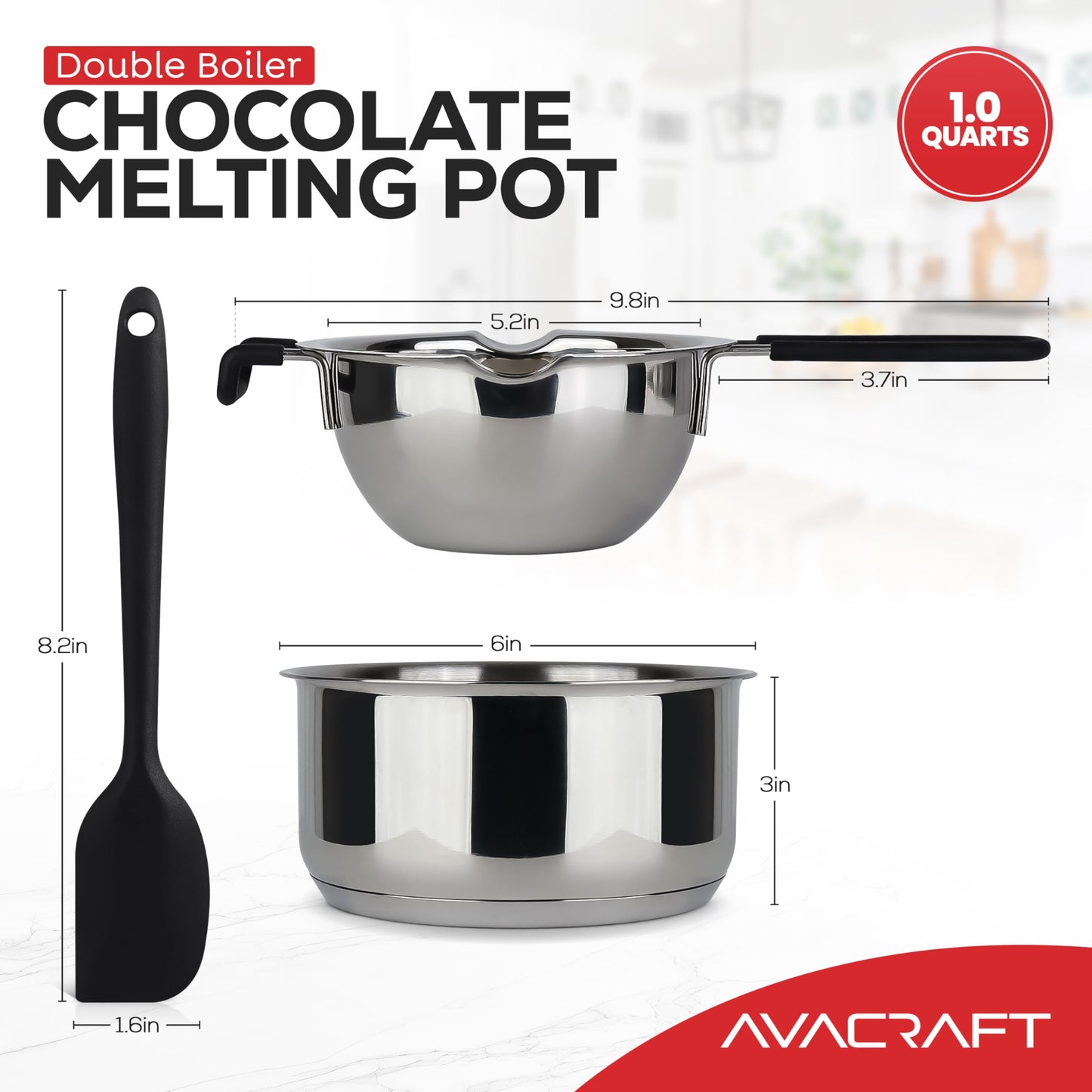 AVACRAFT Double Boiler 18/8 Stainless Steel Double Boiler Pot with Stainless Steel Pot and Silicone Spatula, Double Boiler Set for Melting Chocolate, Candy, Soap, Wax, Candle Making (1 Quart)