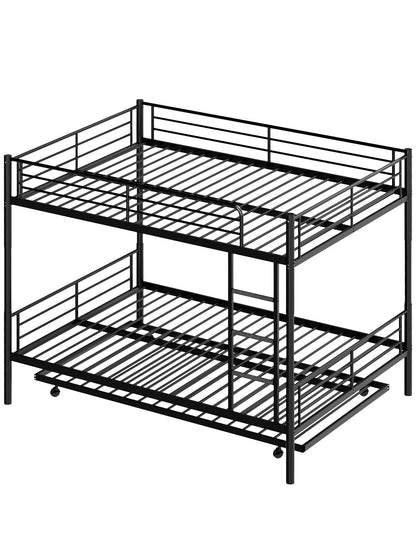 Mixcous Full Over Full Bunk Bed with Trundle, Heavy Duty Metal Bed Frame with Full-Length Guardrails & Ladder, 3-in-1 Convertible Full Bunk Bed, Noise-Free, No Box Spring Needed, Black