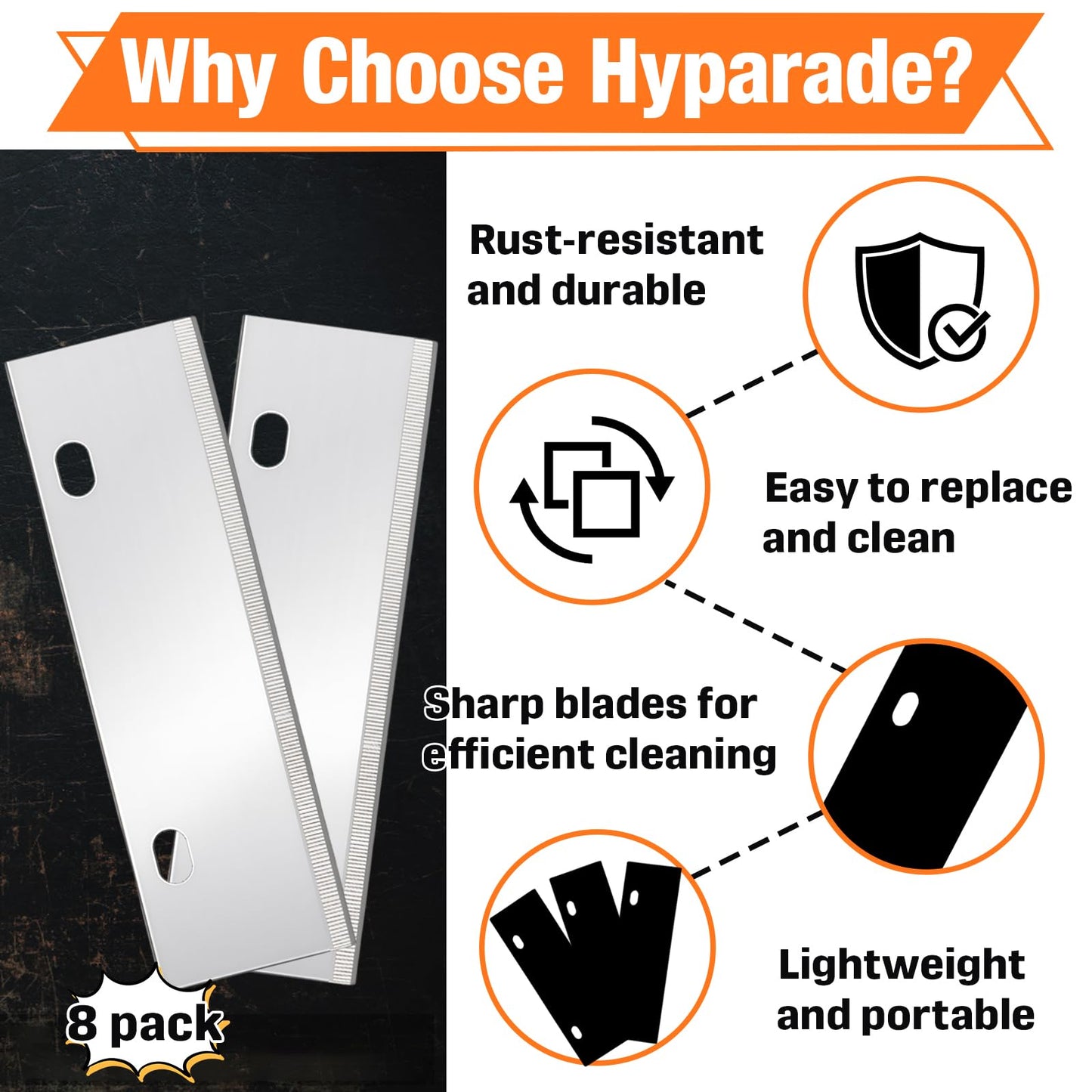 Hyparade 8-Pack Grill Scraper Blades Replacement - Stainless Steel Blades for Griddle & BBQ, Outdoor BBQ Tools & Accessories Blades Included