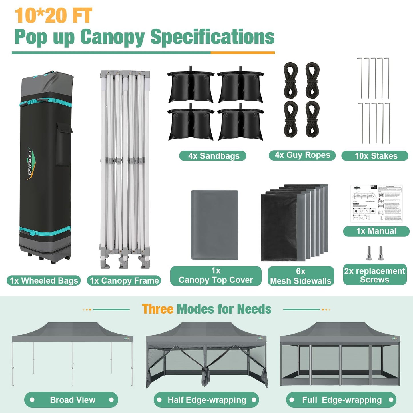 COBIZI 10x20 Canopy Tent, Heavy Duty Pop up Canopy with Sidewalls, Waterproof Easy Setup Canopy with Mosquito Netting, Outdoor Instant Screen Tents for Parties, Wedding with Roller Bag, Gray