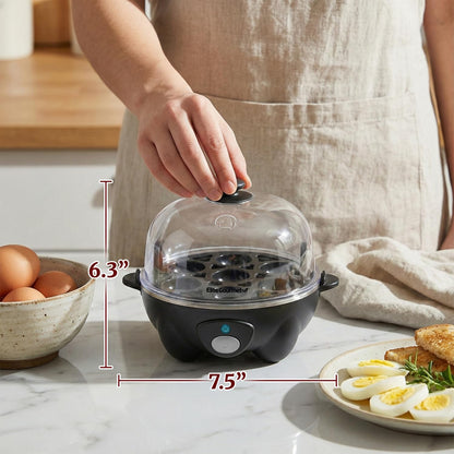Elite Gourmet EGC-007B# Rapid Egg Cooker, 7 Easy-To-Peel, Hard, Medium, Soft Boiled Eggs, Poacher, Omelet Maker, Auto Shut-Off, Alarm, 16-Recipe Booklet, Black