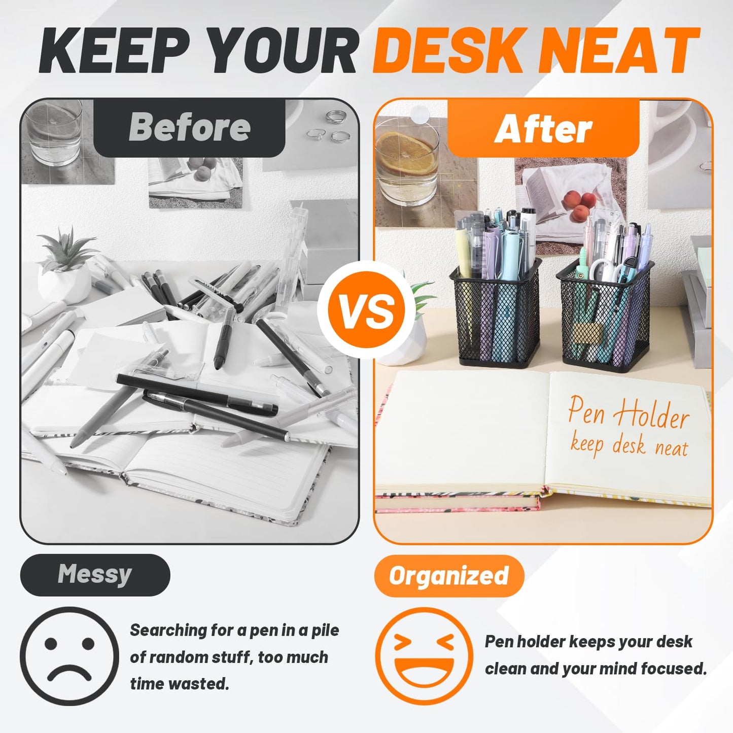 Segarty Square Pen Holder, 3 Pack Black Pen Holder for Desk, Metal Mesh Pencil Cup Container Desktop Accessories Organizer for Office, School, Home, Makeup Brush