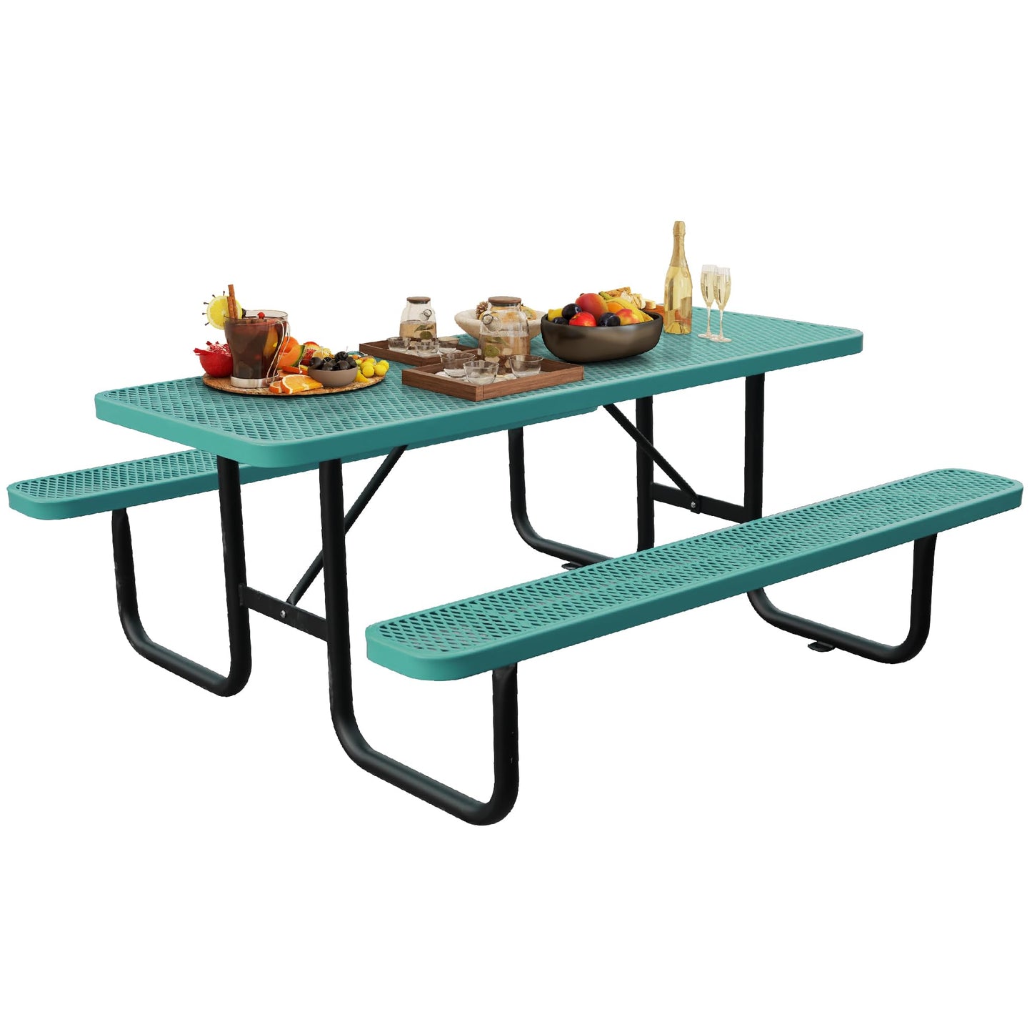 6FT Metal Picnic Tables for Outdoors, Commercial Rectangular Picnic Table and Bench Set for Outside, Patio, Garden, Backyard, Porch, Surface Mount, Green