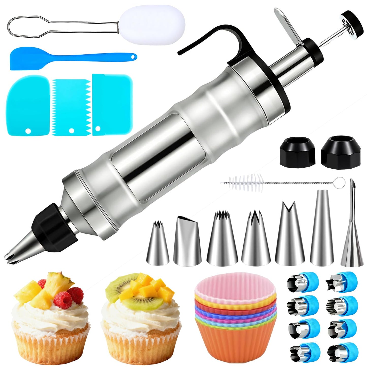 Dessert Decorating Syringe Set, Cake Decorating Kit, Stainless Steel Baking Tools, Cupcake Decoration Supplies, All-in-One Baking Piping Solution Kit，Piping Icing Nozzles，Frosting Piping Kit
