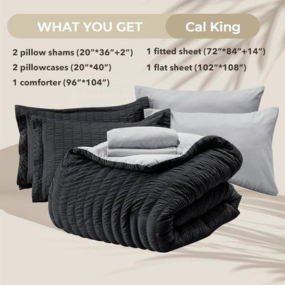 HYMOKEGE California King Comforter Set - 7-Piece All-Season Luxury Bedding in Black & Light Grey