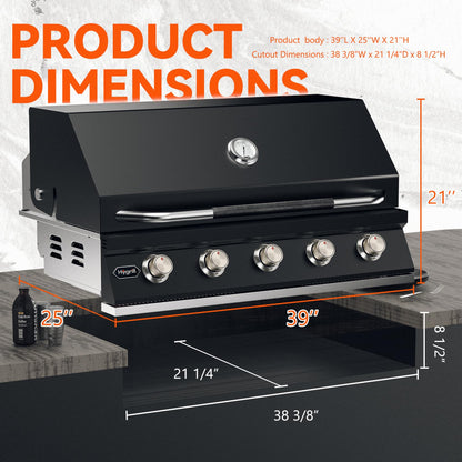 Hygrill STD Series 40-Inch Built In Grill for Natural Gas, Stainless Steel Outdoor Kitchen 5-Burner Grill Head, Black
