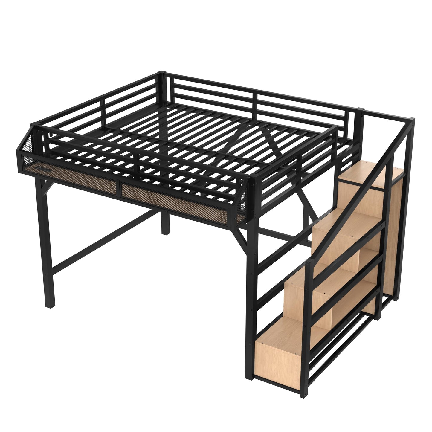 Queen Loft Bed with Stairs and Wardrobe, Queen Size Loft Bed with Charging Station, Lights and Bedside Shelf, Heavy Duty Loft Bed Frame for Adults, Teens, Kids, Noise Free, Natural Wood