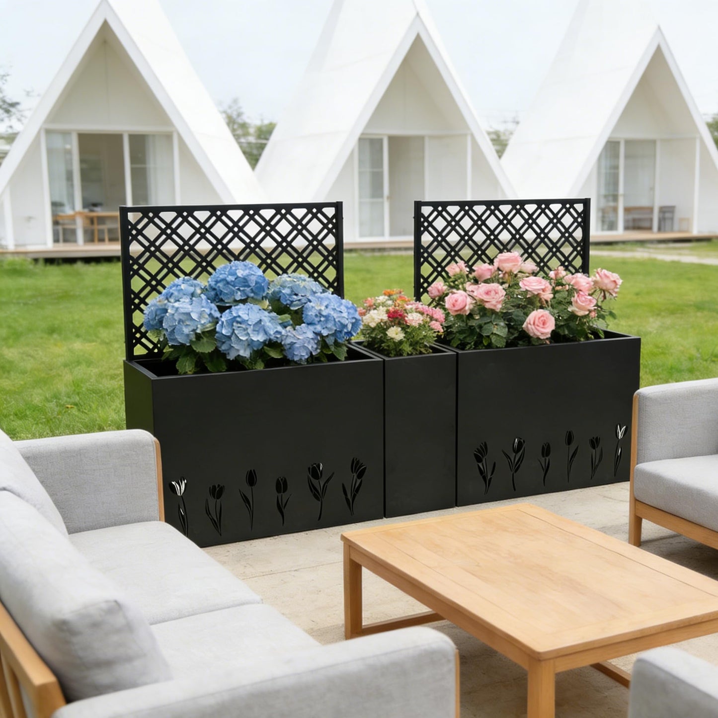 Sailret 3-Piece Metal Planter Box with Trellis, Raised Garden Bed Set with 2 Large & 1 Small Planters, Outdoor Privacy Planter for Patio Garden, Black