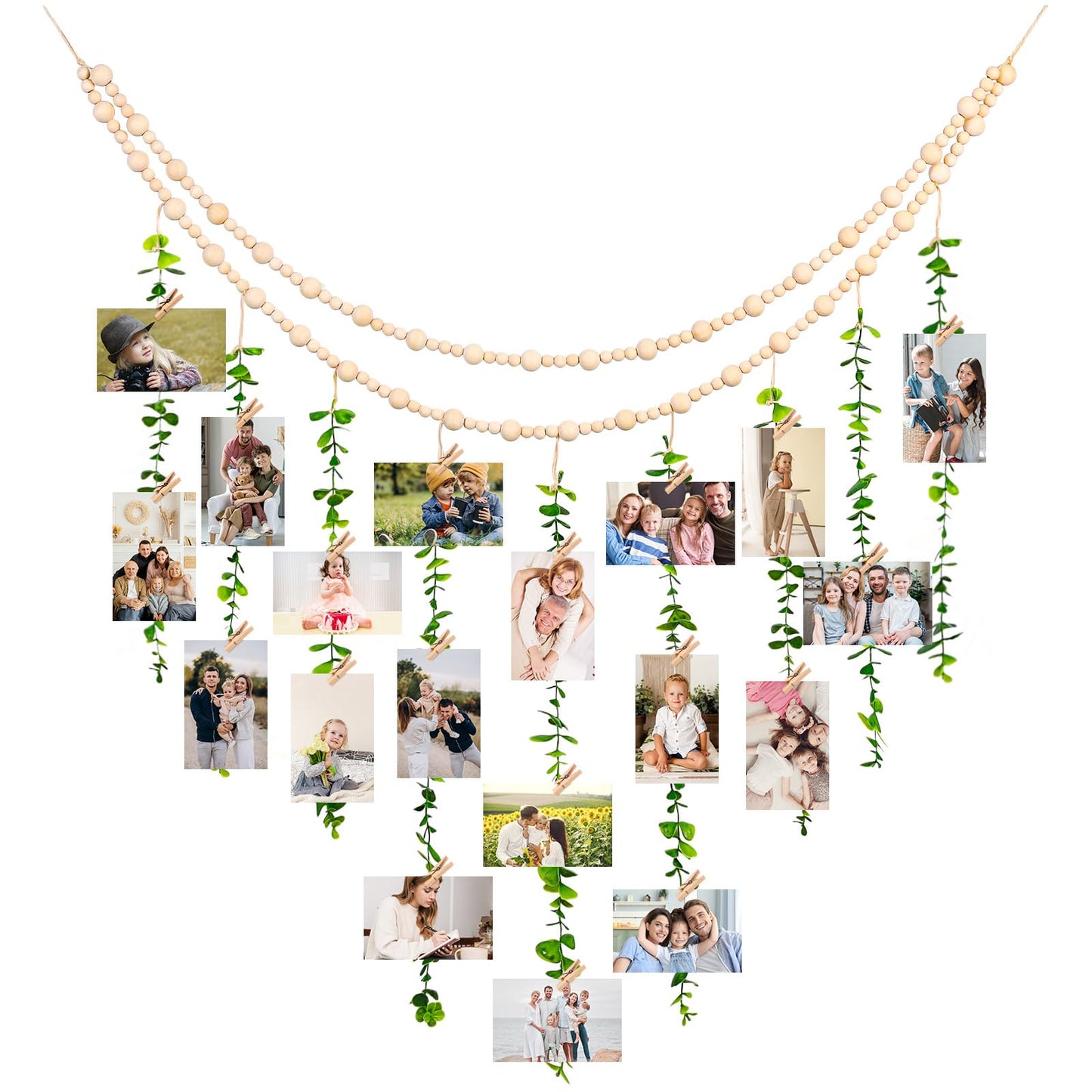 TXIN Hanging Photo Display Holder Wall Decor with Wooden Cards Clips, Boho Style Picture Frame Wood Beads Garland Artificial Eucalyptus Plant Home Decoration for Farmhouse Greenery Cubicle Bedroom
