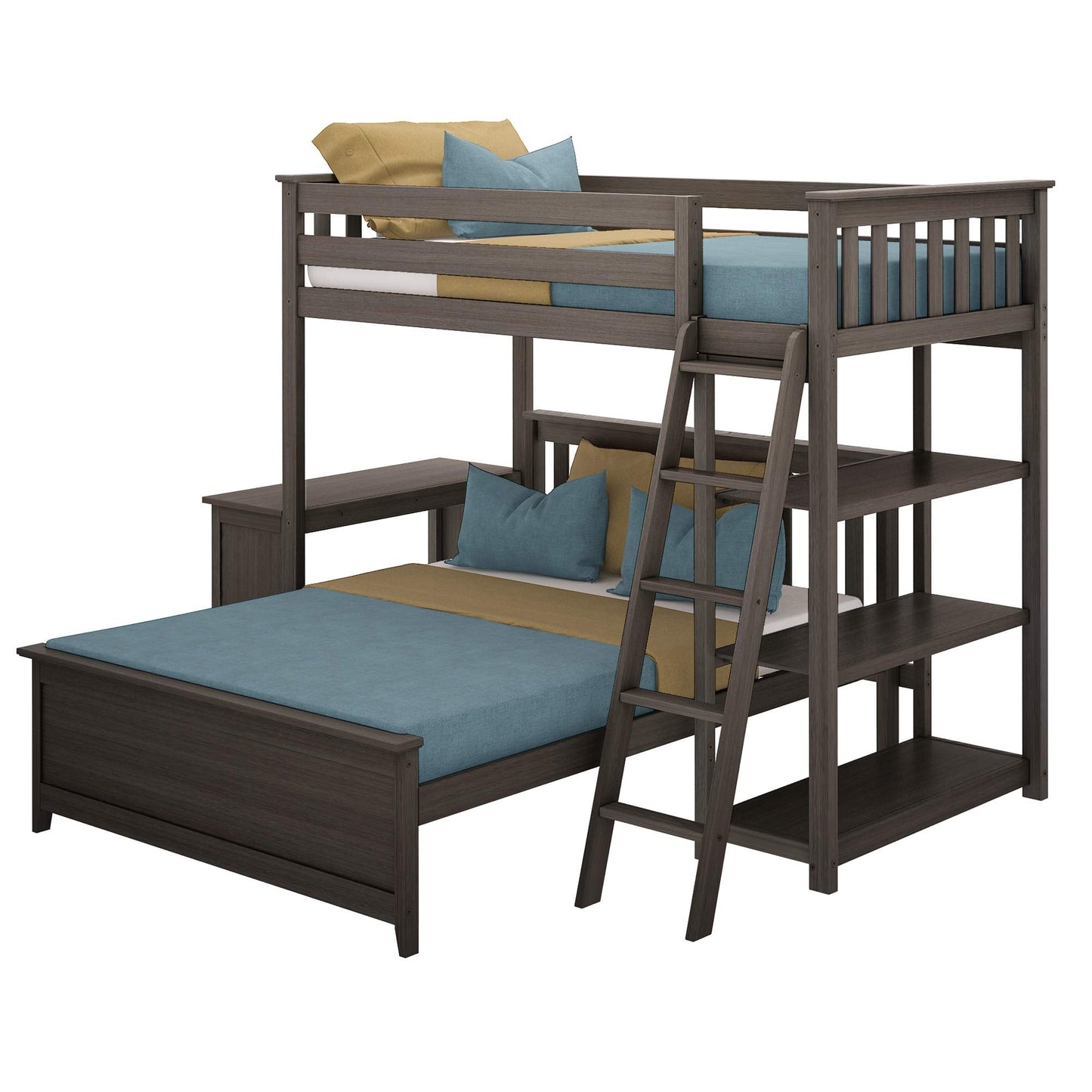 Max & Lily Bunk Bed, L Shape Twin-Over-Full Bed Frame For Kids With Bookcase and Desk, Clay
