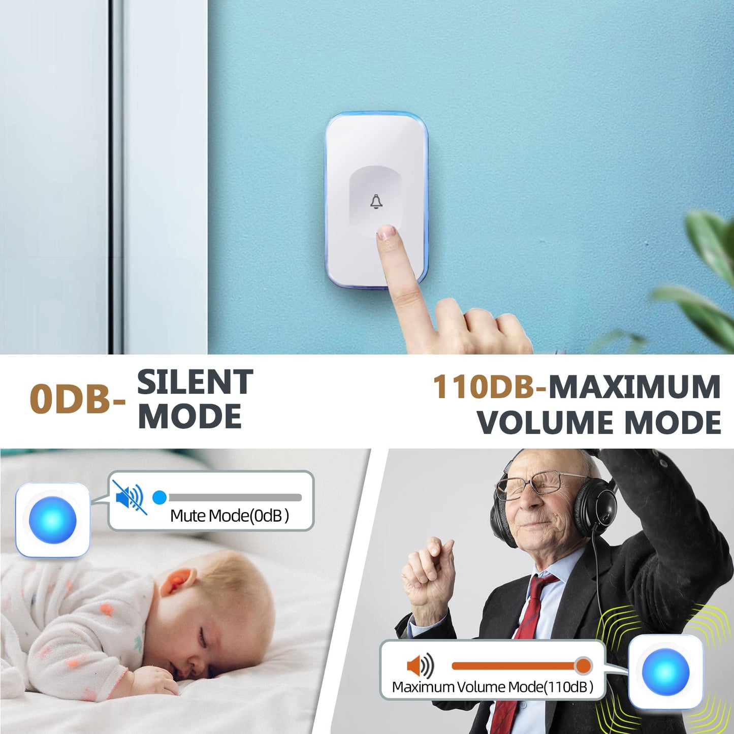 Wireless Doorbell 1200Ft Door Bells for Home with Flashing Light Hearing Impaired Door bell 1 Battery Button & 3 Plug in Receivers for Home Classroom Room Office