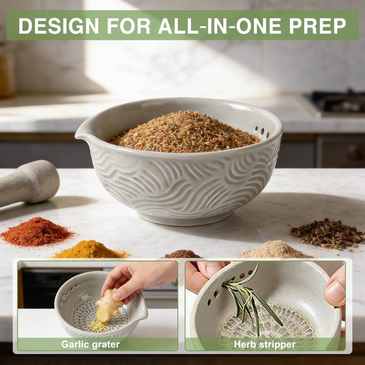 Ceramic Grater Bowl with Herb Stripper, 3 in 1 Handmade Ginger Grater Bowl, Garlic Grater Plate, Multi-Functional Kitchen Tools and Gadgets, for Garlic, Chocolate, Herbs, Etc