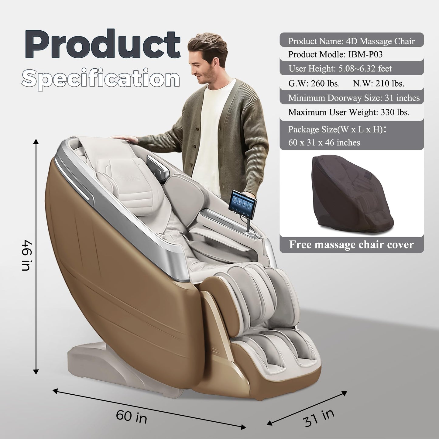 iBooMas 4D Massage Chair, IBM-P03 Full Body Massage Chair with Touchscreen, AI Voice & APP Control, Wireless Charger, Leg Roller, Auto Leg Extension, Heated Back, Waist, and Feet (Beige)