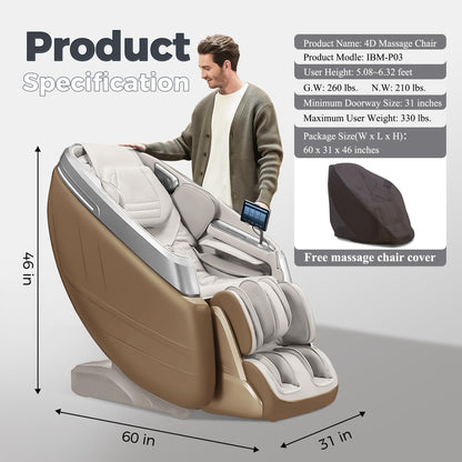 iBooMas 4D Massage Chair, IBM-P03 Full Body Massage Chair with Touchscreen, AI Voice & APP Control, Wireless Charger, Leg Roller, Auto Leg Extension, Heated Back, Waist, and Feet (Beige)