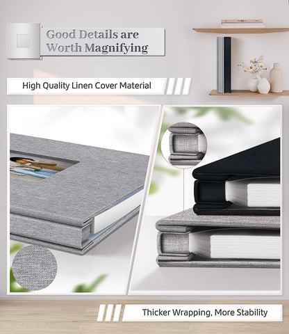 Artfeel Photo Album Self Adhesive Scrapbook Album for 3x5 4x6 5x7 8x10 Pictures,40 Pages Linen Cover with Display Window DIY Photo Book,Ideal Gifts for Family Travel Wedding Baby
