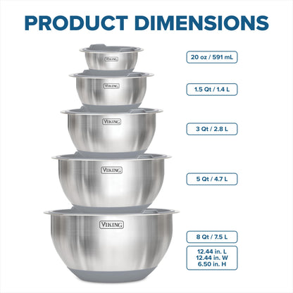 Viking Mixing Bowls Set, 10 Piece Stainless Steel Kitchen Cookware, Non-Slip Silicone Base, Includes Tight Fit Lids, Dishwasher Safe, Grey