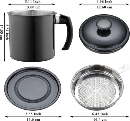 Berglander Black Bacon Grease Container with Strainer, 47oz/1.4L Stainless Steel Oil Storage with Fine Mesh Strainer