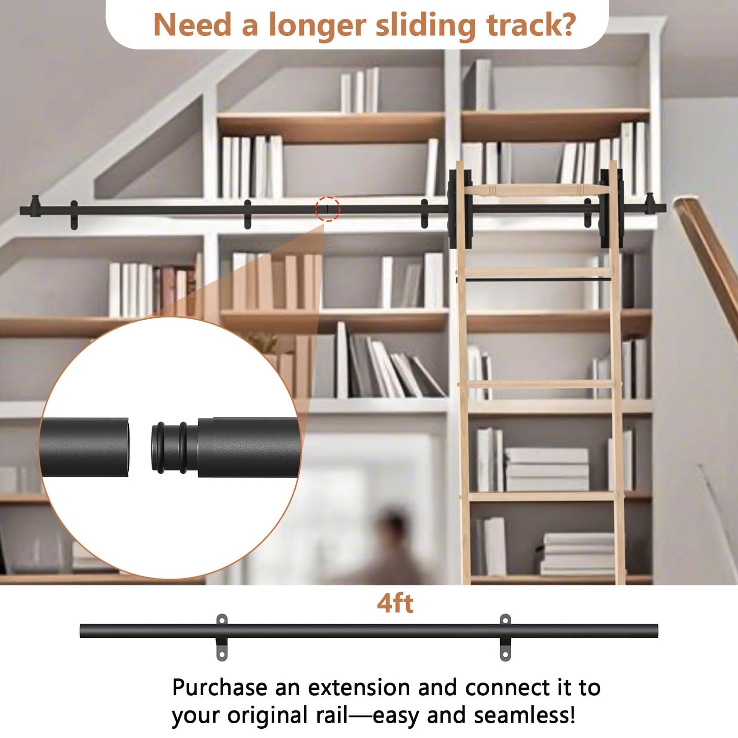 LKCBITION 95inch Oak Wood Ladder with 4ft Black Telescopic Roller Hardware on Sliding Library Ladder, Bottom Wheel with Brakes(Installation Height 89-3/4")