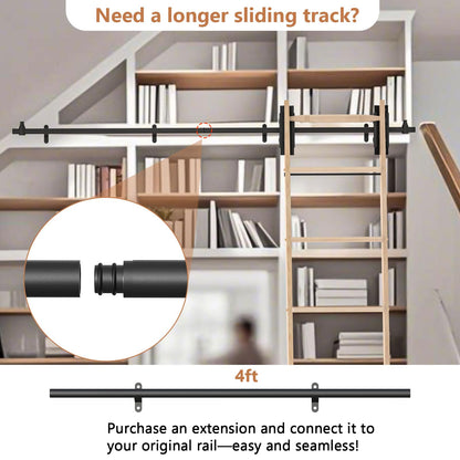 LKCBITION 95inch Oak Wood Ladder with 4ft Black Telescopic Roller Hardware on Sliding Library Ladder, Bottom Wheel with Brakes(Installation Height 89-3/4")