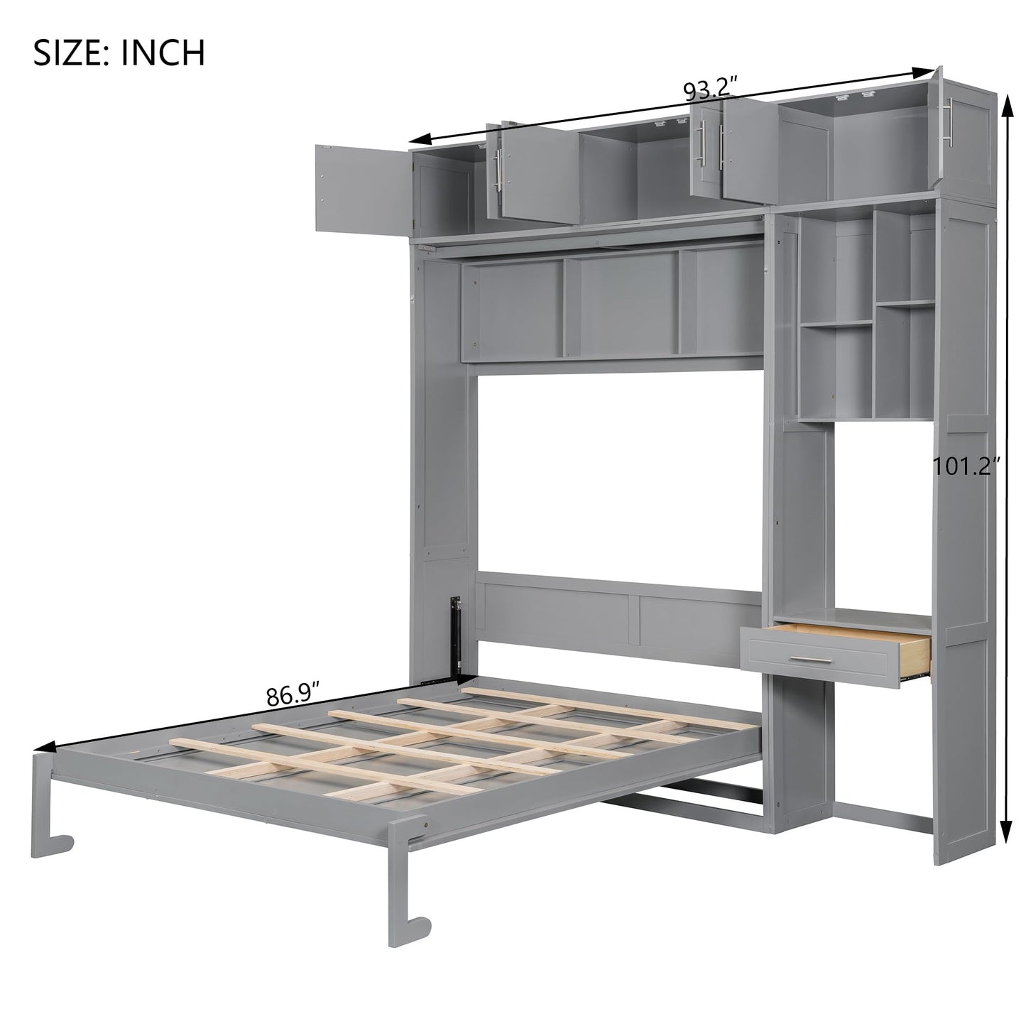 Merax Queen Size Wall Murphy Bed with Desk, Top Cabinet and Storage Shelves, Space Saving Foldable Bed, Wooden Bed Frame