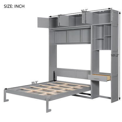 Merax Queen Size Wall Murphy Bed with Desk, Top Cabinet and Storage Shelves, Space Saving Foldable Bed, Wooden Bed Frame