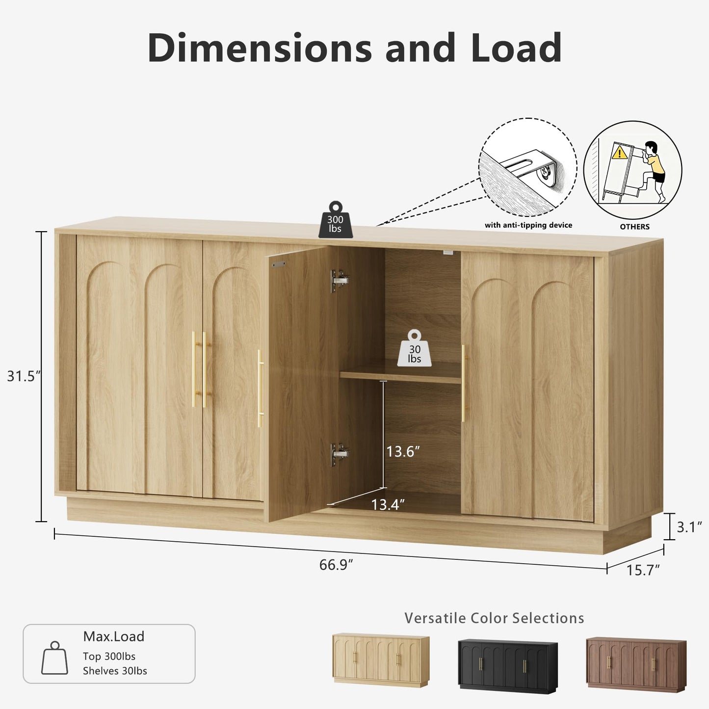 FORTUNETEC Sideboard Buffet Cabinet with Storage, Modern Accent Cabinet with Arched Doors, Boho Modular Media Console, 67" Large Minimalist Credenza for Living Room Kitchen Dining Room Entryway, Oak